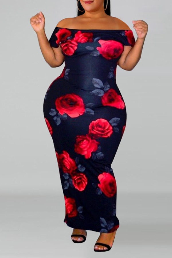 

Lovely Casual Print Dark Blue Ankle Length Plus Size Dress