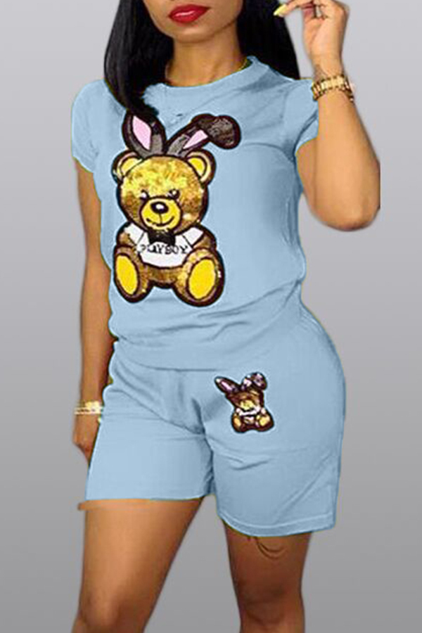 

Lovely Casual Cartoon Print Baby Blue Two-piece Shorts Set