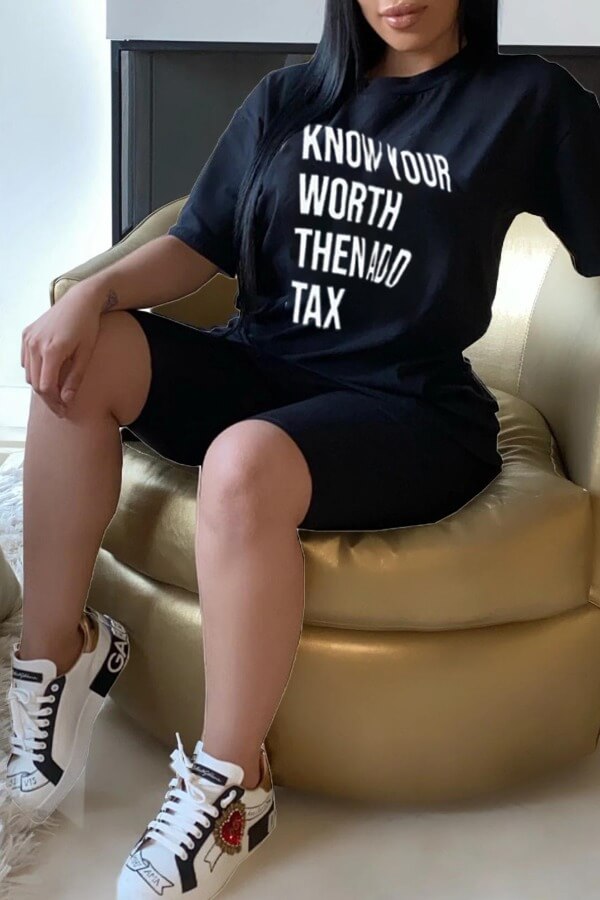 

Lovely Leisure Letter Print Black Two-piece Shorts Set