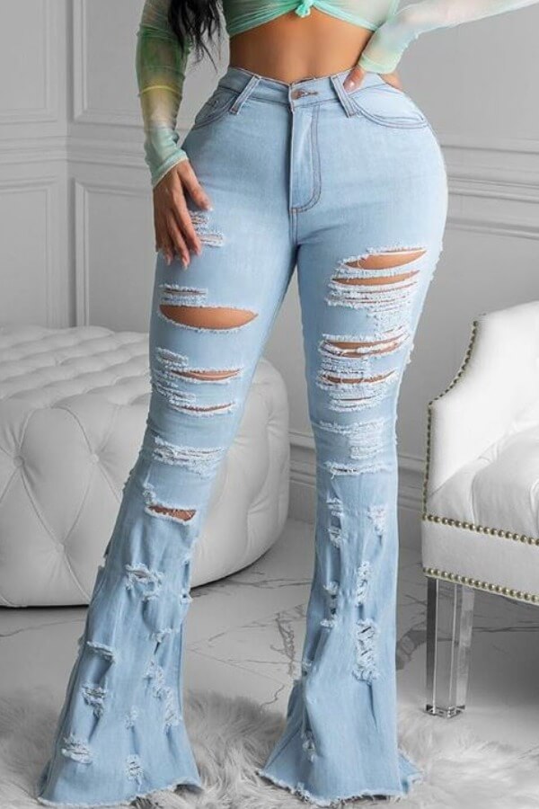 

Lovely Trendy Hollow-out Baby Blue Jeans