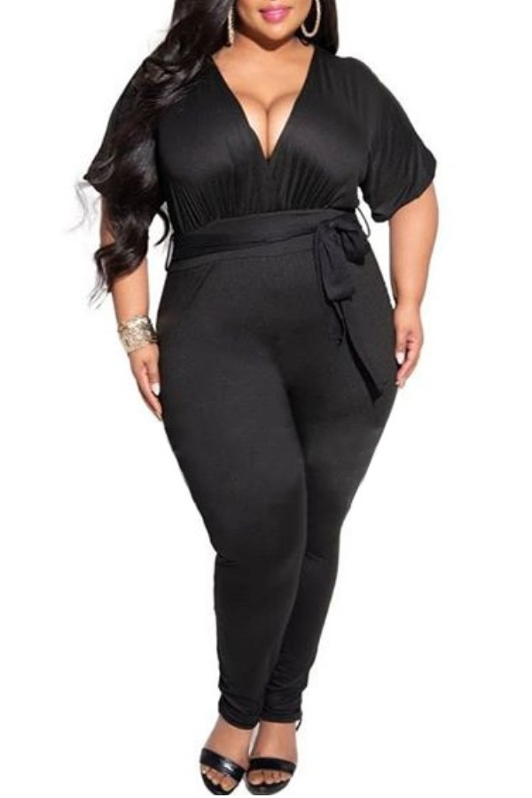 

Lovely Leisure Deep V Neck Black Plus Size One-piece Jumpsuit