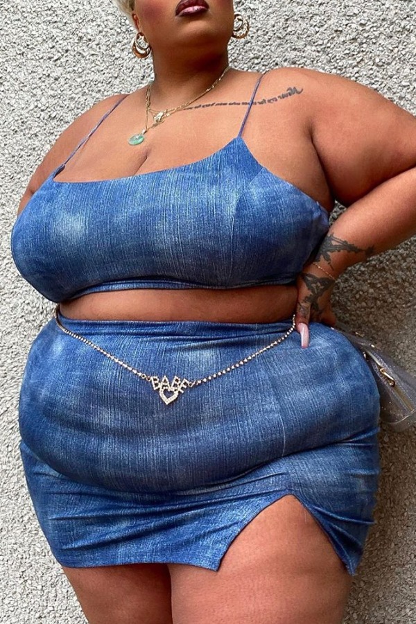 

Lovely Sexy Tie-dye Blue Plus Size Two-piece Skirt Set