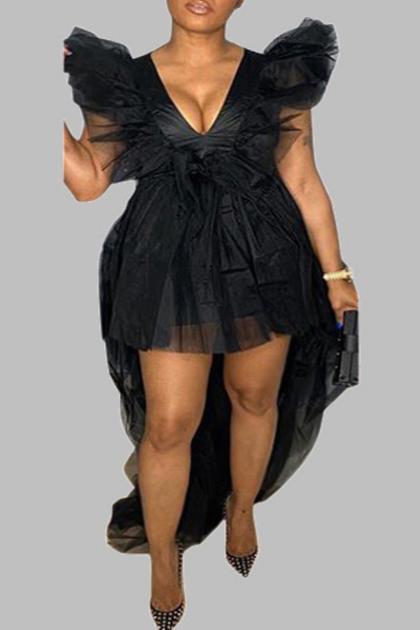 

Lovely Trendy Asymmetrical Black Mini Plus Size Dress