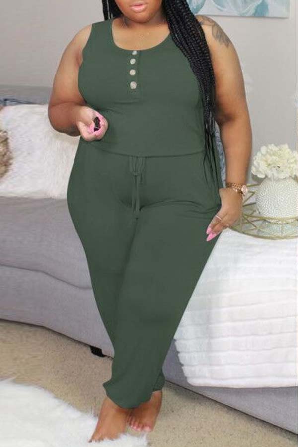 

Lovely Leisure Buttons Design Green Plus Size One-piece Jumpsuit