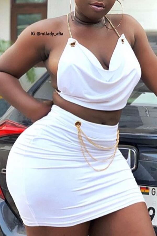 

LW SXY Trendy Fold Design White Two-piece Skirt Set