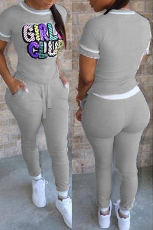 

Lovely Casual Letter Print Grey Two-piece Pants Set