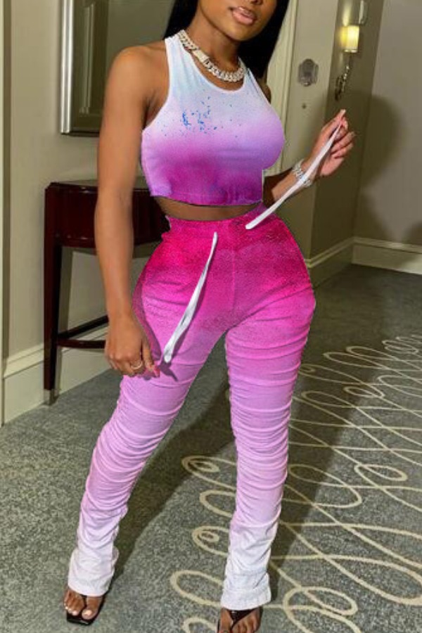 

Lovely Sportswear Fold Design Pink Two-piece Pants Set