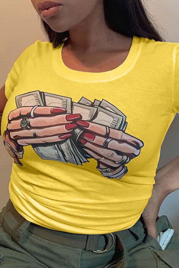 

LW BASICS Casual O Neck Cartoon Prin Yellow T-shirt