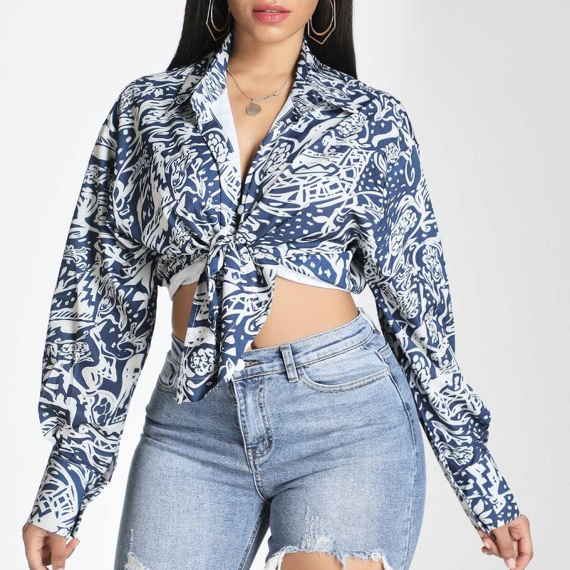 

Lovely Stylish Turndown Collar Print Blue Shirt