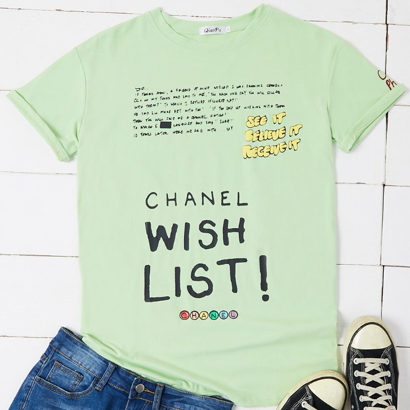 

Lovely Leisure O Neck Letter Print Green T-shirt