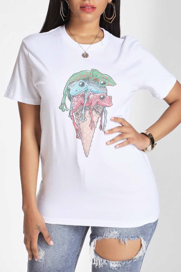 

Lovely Casual O Neck Print White T-shirt