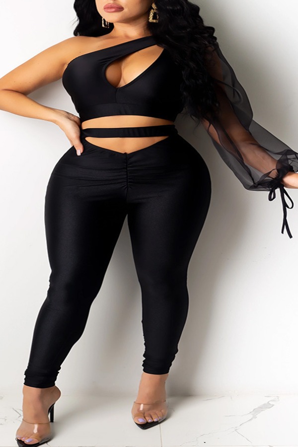 

Lovely Sexy One Shoulder Hollow-out Black Two-piece Pants Set