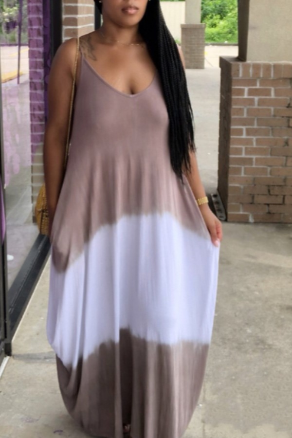 

Lovely Casual Color-lump Patchwork Brown Maxi Dress