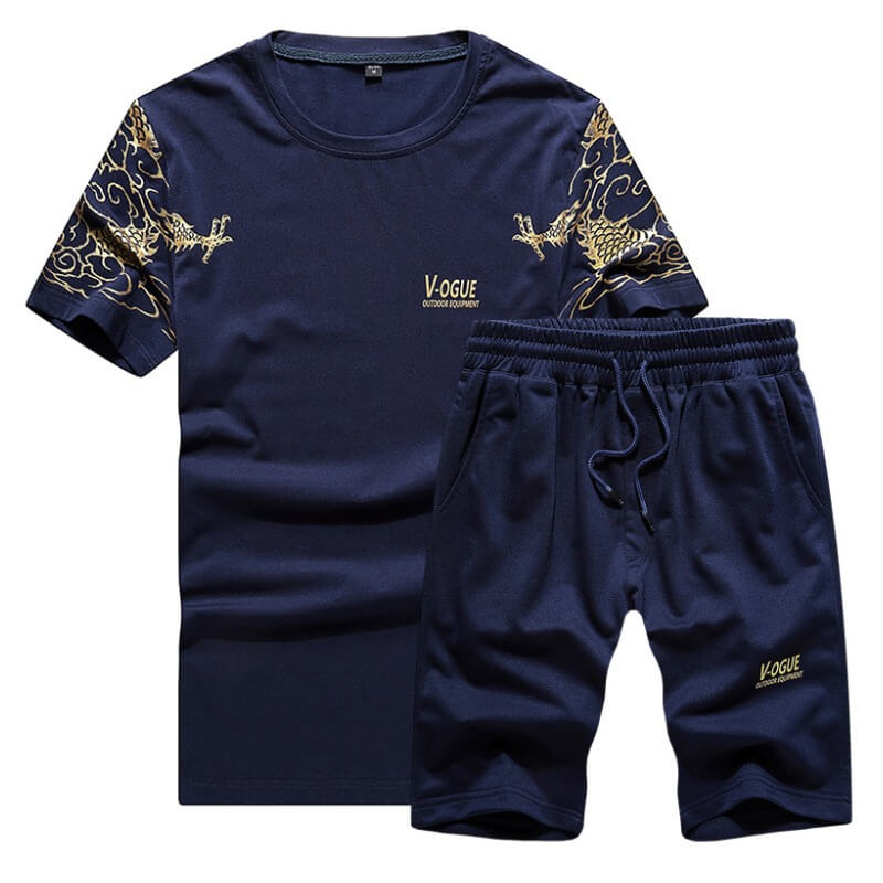 

Men Lovely Sportswear Print Deep Blue Two-piece Shorts Set