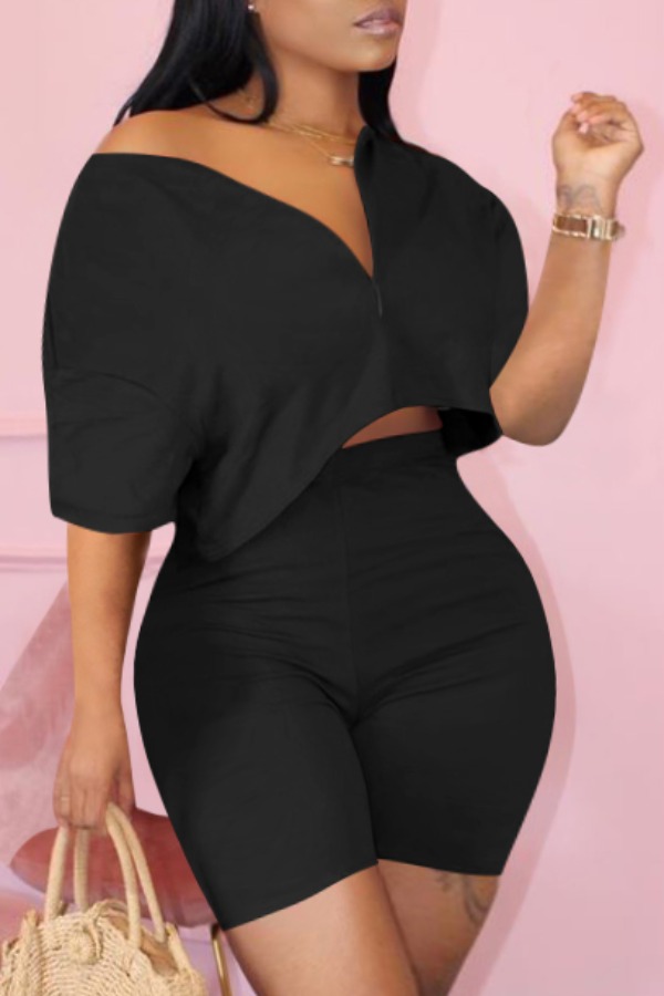 Lovely Plus Size Leisure Zipper Design Black Two-piece Shorts Set