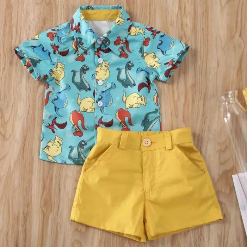 

Lovely Stylish Cartoon Print Yellow Boy Two-piece Shorts Set