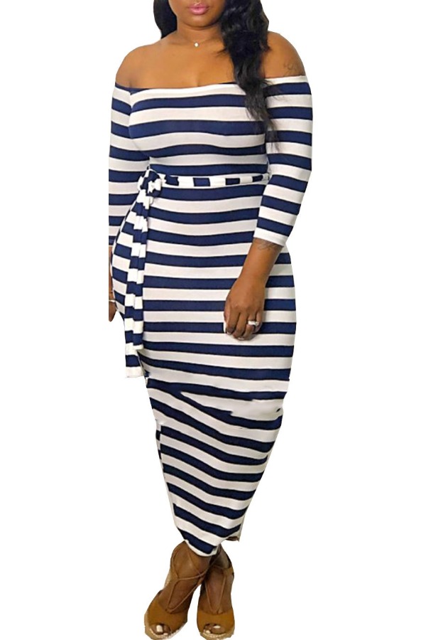 

Lovely Casual Striped Blue Ankle Length Plus Size Dress