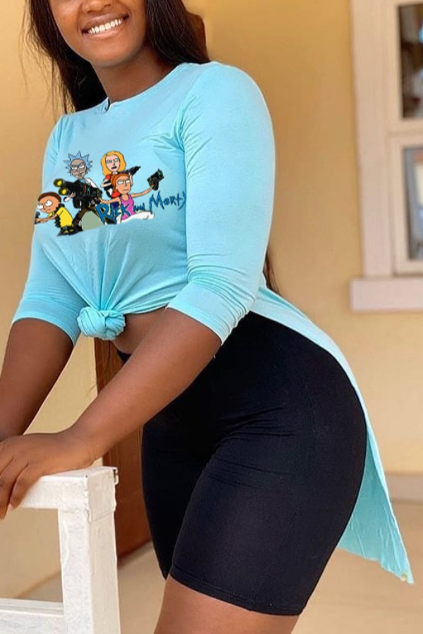 

Lovely Casual O Neck Cartoon Print Blue Two-piece Shorts Set