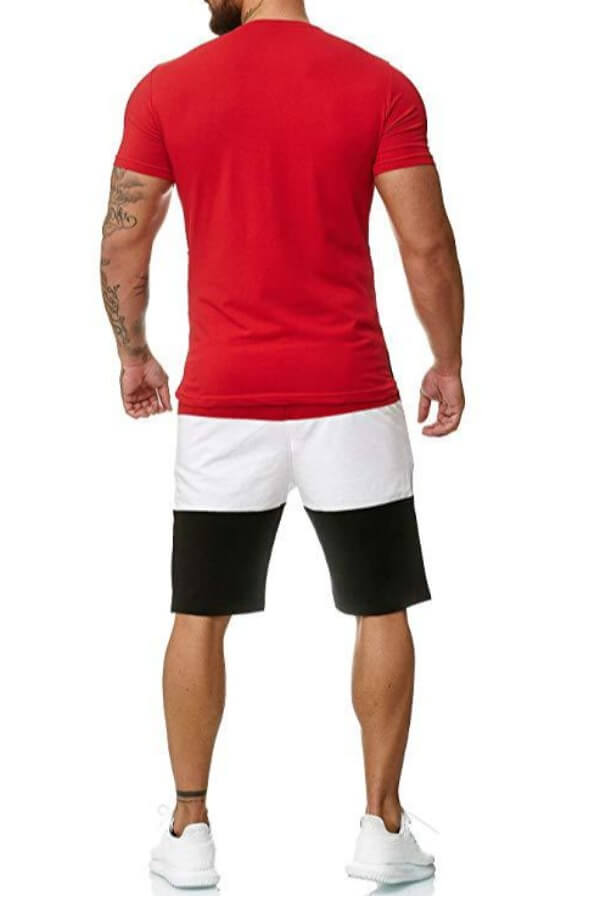 Men Lovely Casual Patchwork Red Two-piece Shorts Set