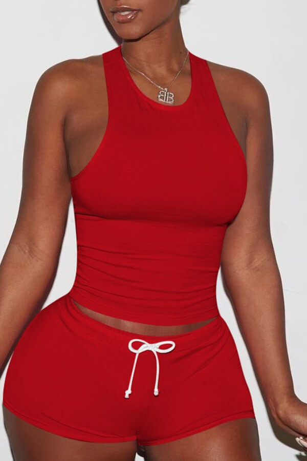 

Lovely Sportswear Lace-up Red Two-piece Shorts Set