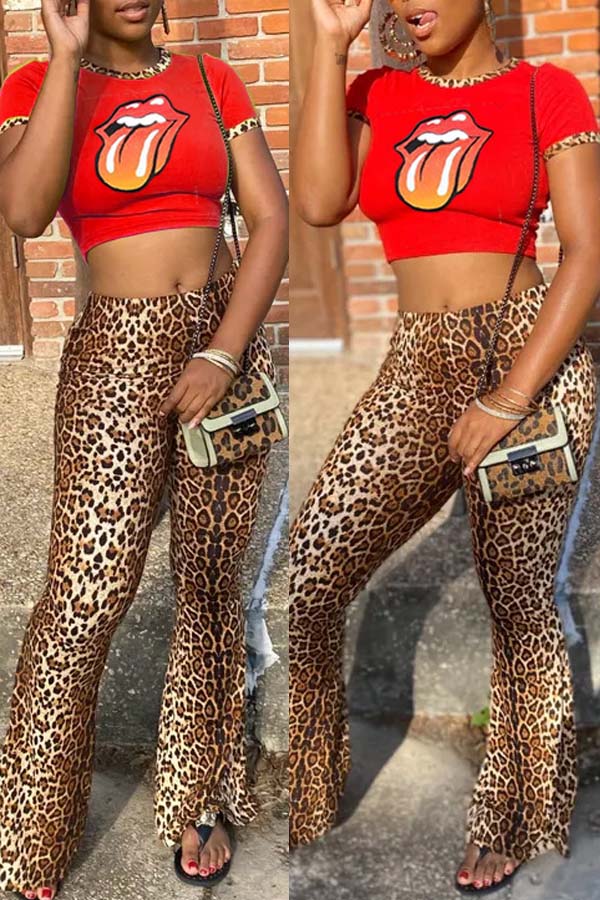 

Lovely Casual Lip Print Red Two-piece Pants Set