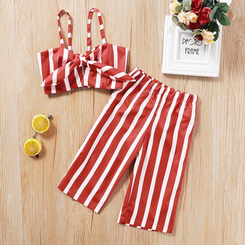 Lovely Stylish Striped Red Girl Two-piece Pants Set