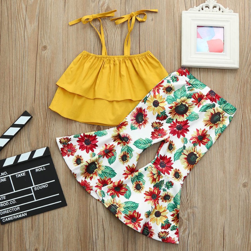 

Lovely Stylish Sunflower Print Yellow Girl Two-piece Pants Set
