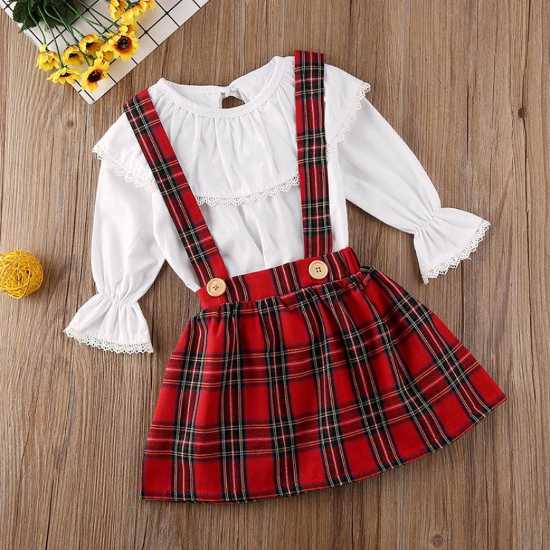 

Lovely Sweet Grid Print Red Girl Two-piece Skirt Set