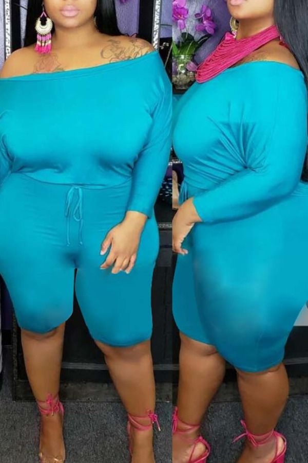 

Lovely Leisure Lace-up Blue Plus Size One-piece Romper