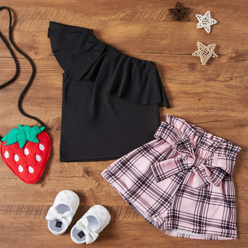 

Lovely Casual One Shoulder Grid Pink Girl Two-piece Shorts Set