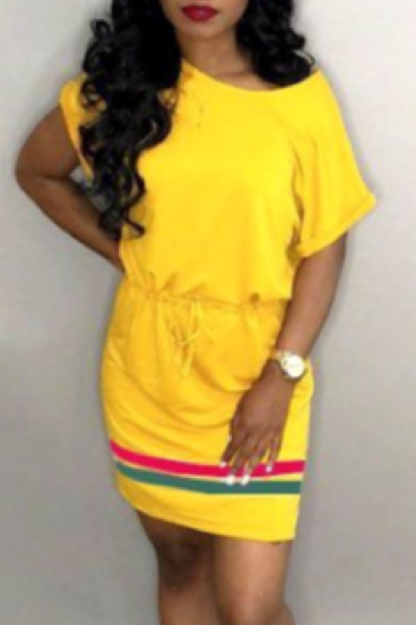 

Lovely Casual O Neck Lace-up Yellow Mini Dress
