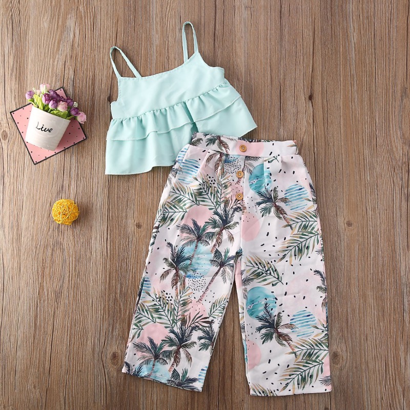 

Lovely Stylish Plants Print Baby Blue Girl Two-piece Pants Set