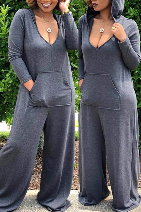 

LW Plus Size Leisure Deep V Neck Grey One-piece Jumpsuit