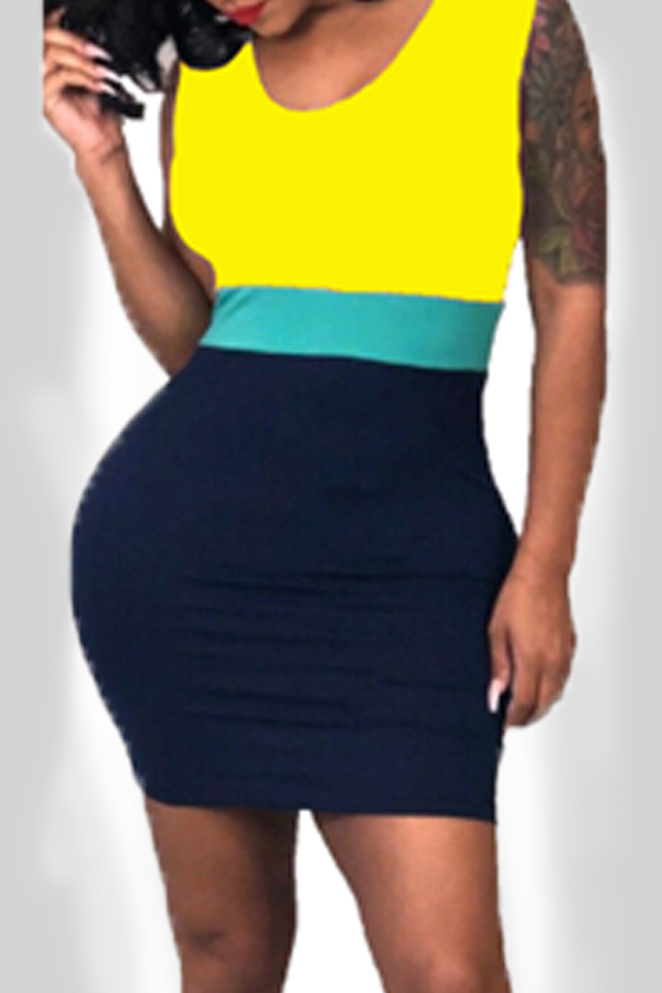 

Lovely Casual U Neck Patchwork Yellow Mini Dress