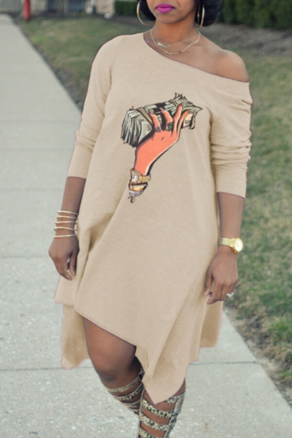 

LW Leisure O Neck Print Apricot Knee Length Dress