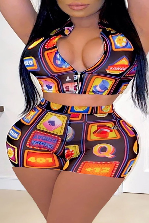 

Lovely Sexy Print Black Plus Size Two-piece Shorts Set