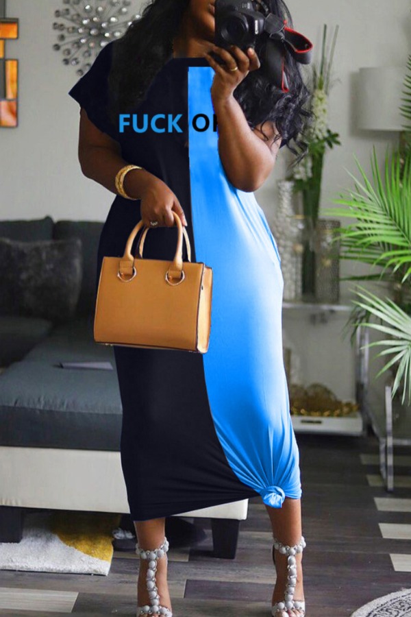 

Lovely Casual Letter Patchwork Blue Mid Calf Plus Size Dress