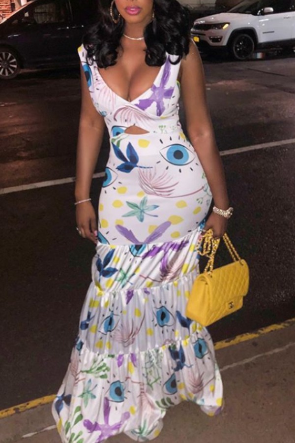 

Lovely Trendy V Neck Print White Maxi Dress
