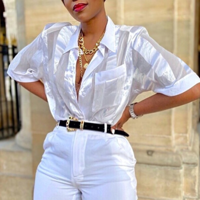 

Lovely Trendy Pocket Patched White Blouse