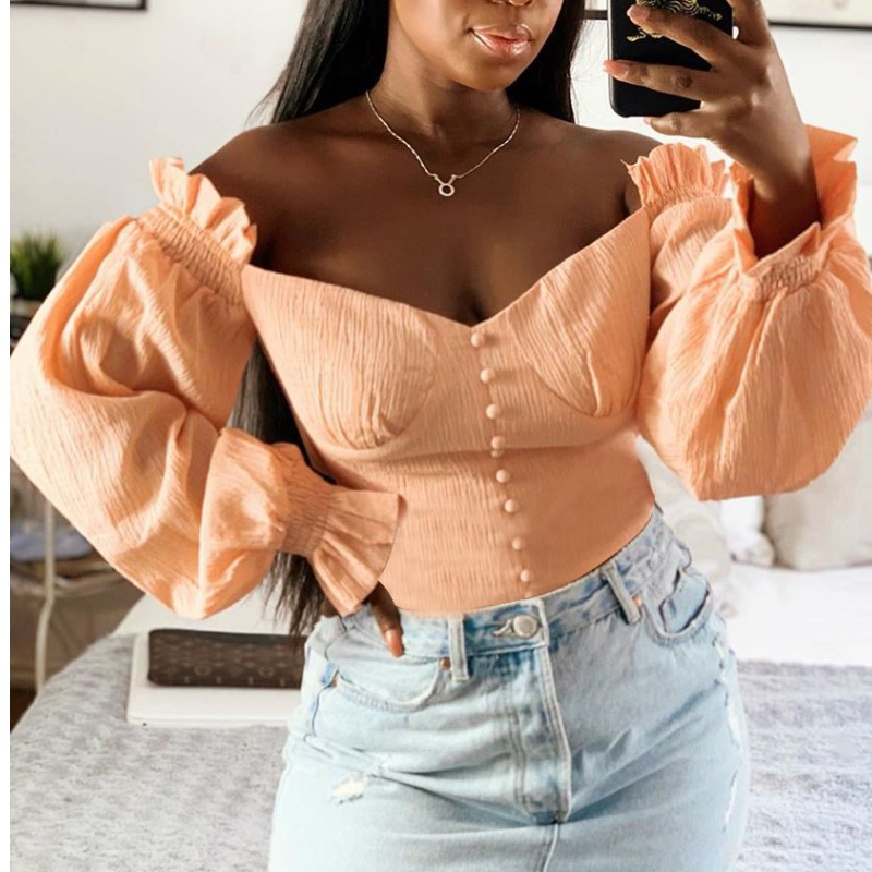 

Lovely Trendy Dew Shoulder Flounce Design Pink Blouse
