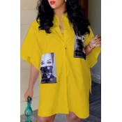 Lovely Casual Print Yellow Knee Length Shirt Dress