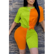Lovely Casual O Neck Patchwork Orange Two-piece Sh