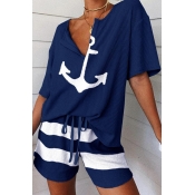 Lovely Leisure Print Blue Two-piece Shorts Set