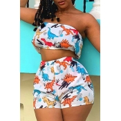 Lovely Casual Dew Shoulder Cartoon Print White Two