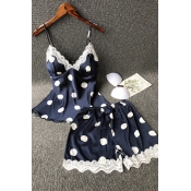 Lovely Sexy Lace Hem Navy Blue Sleepwear