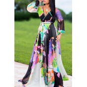 Lovely Trendy V Neck Print Black Maxi Dress