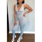 Lovely Trendy Zipper Design Grey Two-piece Pants S