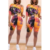 Lovely Casual O Neck Print Croci Two-piece Shorts 
