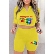 Lovely Casual Lip Print Yellow Plus Size Two-piece