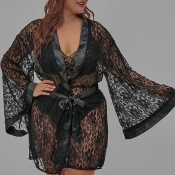 Lovely Sexy Lace See-through Black Plus Size Sleep